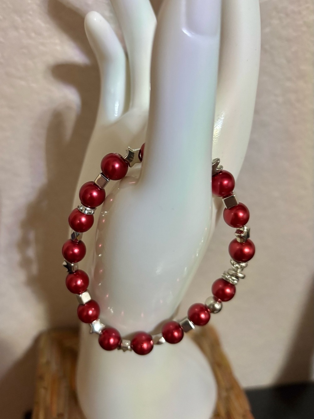 Red Beaded Bracelet with Silver Accents - Women Jewelry Handmade